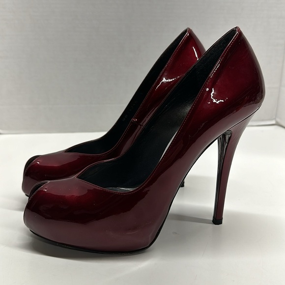 Stuart Weitzman High Heel Pumps Shoes Peep Toe Patent Leather Red Quasar Size 9 - Picture 4 of 10
